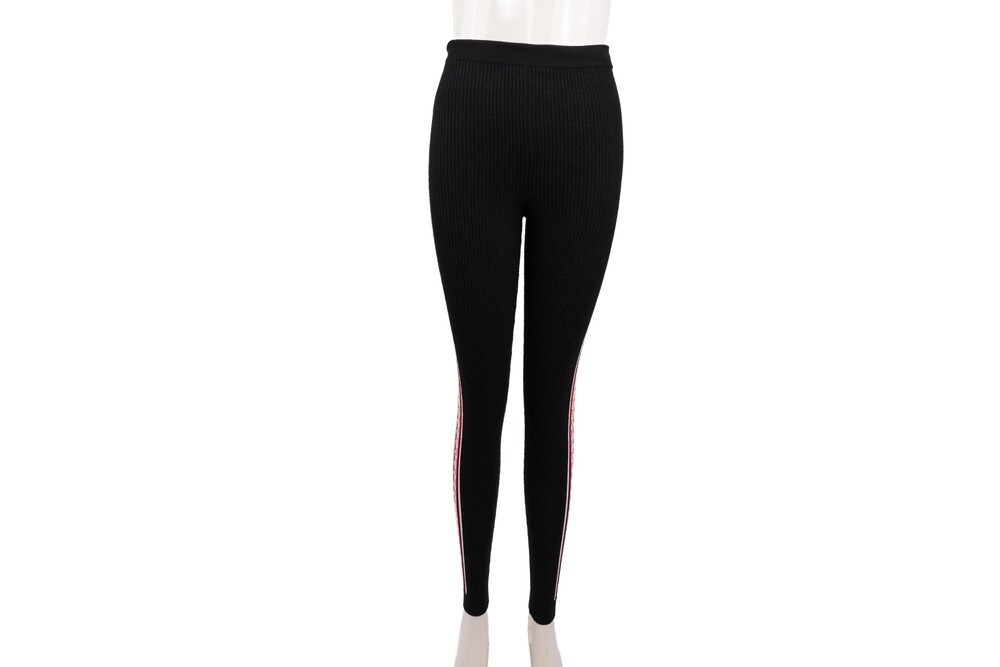 Chanel Black Pink Logo Stripe Leggings Ribbed Knit Size 36